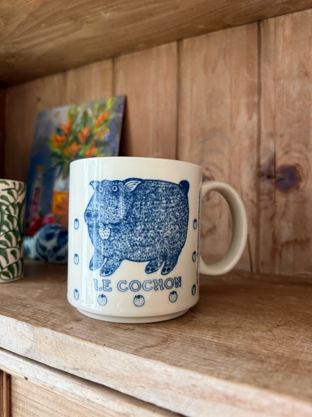 vintage Taylor & Ng ceramic coffee mug blue pig design titled "Le Cochon”